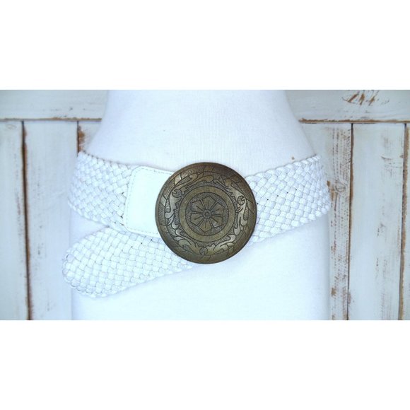 Vintage 90s wide white crackle faux leather metal medallion bohemian gypsy India main image 5